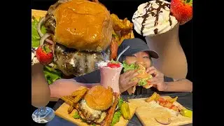 GRILLED BACON CHEESEBURGER, SEASONED POTATO WEDGES & BANANA SPLIT MILKSHAKE