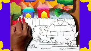 Tortoise Scenery Drawing | How To Draw A Tortoise Scene | Easy Step by Step Tortoise Drawing Lesson
