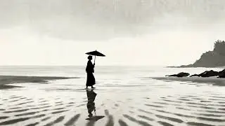 Visual Poems | Sumi‑e | Journey Through Sea Fog: Umbrella Silhouette & Soft Waves