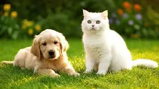 White cat meeting a golden retriever🤍💛#cat #dog #puppy#cutecat  #catvideos #kitty