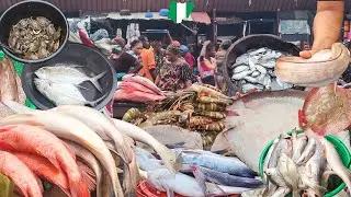 Makoko Seafood Market in Lagos, Nigeria, West Africa. Cheap Rural Fresh Fish Market.