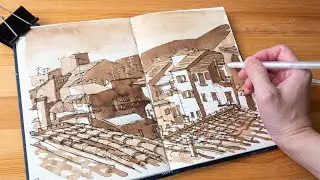 Rooftop sketch with walnut ink (timelapse tutorial)