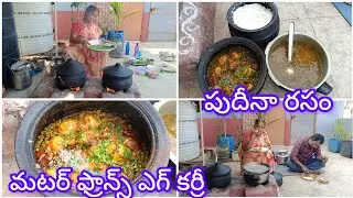 కట్టెల పొయ్యి మీద వండిన మటర్ ఎగ్ ఫ్రాన్స్ కర్రీ పుదీనా రసం సూపర్#video#youtube #cooking#food#family 