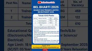 BEL Recruitment 2025 | BEL Bharti 2025 | 610 Trainee Engineer Vacancy | Apply Online #shorts #job