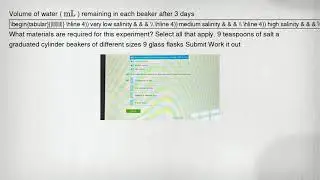 Volume of water ( mathrm(mL) ) remaining in each beaker after 3 days 4)) very low salinity & & & 4))