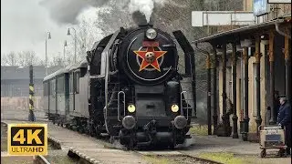 Parní lokomotiva 475.111 v Bakově nad Jizerou při natáčení filmu ČT 2.3.2019 (4K)