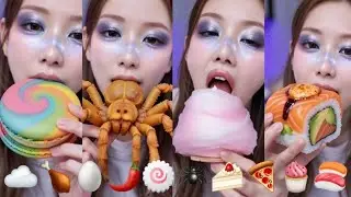 Asmr Emoji Food Challenge Eating Sound ☁️🍗🥚🌶️🍥🕷️🍰🍕🧁🍣