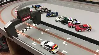 DIY Slot Car Track, homemade M.D.F. routed.  Carrera start line with the Scalextric Ford Focus