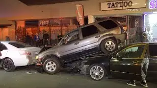 Caught On Camera* Car Hits Parked Cars, Passenger Runs Away, Anaheim, CA