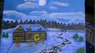 Christmas Cards 1 painting art Mountain Cabin Snow class acrylics on canvas(MY TRY)