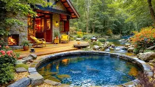 Summer Breeze Jazz🌿Cozy Morning Retreat by Stream with Smooth Jazz, Warm Fireplace & Birdsong Forest