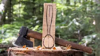 Axe Craft in the Forest. Axing Out a Reverse Bowl Eating Spoon. Ancient Woodworking Techniques.