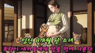 임신 8개월 차인 시골 소녀가 사랑스러운 어미 젖으로 호랑이 새끼들을 돌보고 있다.| 민담 | 전설 | 설화 | 옛날이야기