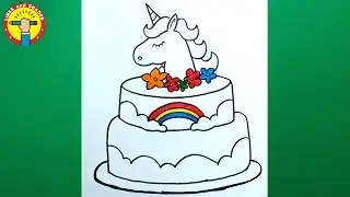 How to Draw a Cute Unicorn Cake - Step by Step | Unicorn Cake Drawing Easy