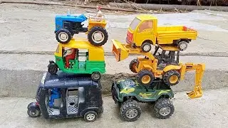 Muddy Auto Rickshaw And Tractor Water Jump Muddy Cleaning And Toy Crane Pulling Out | Muddy Toys #3