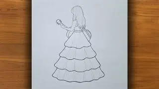 Beautiful Girl with Guitar Drawing || Girl Outline Drawing || Step by Step Easy Girl Drawing 