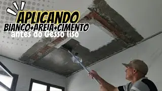 Preparando o Teto para Gesso Liso: Bianco+Areia+Cimento. Aplica&ccedil;&atilde;o do GessoLiso comMoldura naCozinha