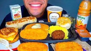 ASMR MCDONALD'S TACO BELL BIG BREAKFAST WITH HOTCAKES HASH BROWNS MCGRIDDLE MUKBANG