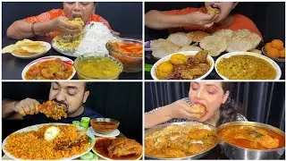 Asmr🔥Eating Zafrani Mutton Dum Biryani, Chicken Kosha, Chingri Kalia, Chanar Dal, with Rice & Luchi😋