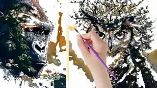 how to draw chimpanzee vs owl watercolor #viral #trending #drawingforkids #drawingtutorial