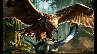 A fierce eagle in mid-air battle, its sharp beak biting down on a cobra.