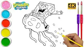 SpongeBob SquarePants rides Jellyfish, drawing, painting and coloring for beginners
