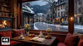Cozy Winter Coffee Shop Ambience ~ Gentle Jazz Piano Music and Warm Fireplace Sounds for Relax