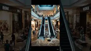 Shopping Mall Flash Flood 🌊 | Escalators Underwater & People Panicking #ai #disaster