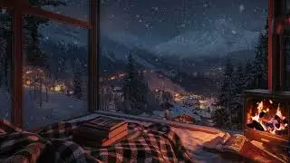 Peaceful Winter's Night in a Cozy Mountain Cabin   Relaxing Snowfall & Crackling Fireplace Ambience