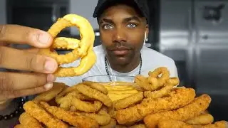 ASMR CHEESY ONION RINGS & CHICKEN FRIES MUKBANG (EATING SOUNDS)