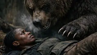 African woman throwing rocks and shouting, bear fully focused on her, distance increasing 