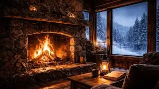 Massive Stone Fireplace During a Mountain Blizzard ❄️ Wind & Crackling Fire for Deep Sleep