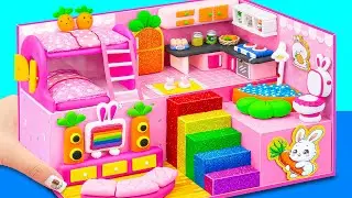 How To Make Pink BUNNY House with Bunk Bed, Rainbow Stairs from Clay ❤️ DIY Miniature House