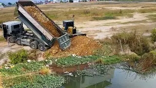 Start UP New Corner Delete Pit Field To Repair Axis by Power KOMATSU D41 Dozer with dump truck