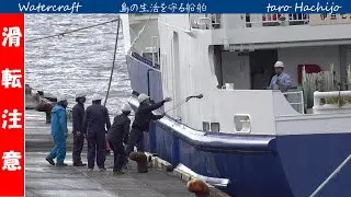 八重根の「あおがしま丸」 　滑る岸壁で綱取り