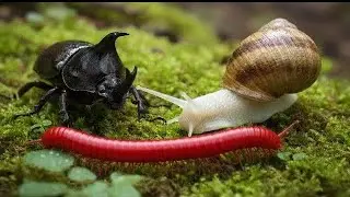 Millipede, Snail & Rhino Beetle Coexistence! Rare Wildlife Footage #millipede  #MillipedeEncounter