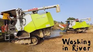 Harvester Washing in river | 3 Claas & 1 GAM harvester