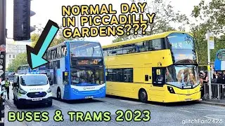 Buses & Trams at Manchester Piccadilly Gardens, England 2023