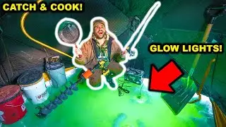 Ice Fishing My BACKYARD POND at NIGHT with GIANT GLOW LIGHTS!!! (Catch Clean Cook)