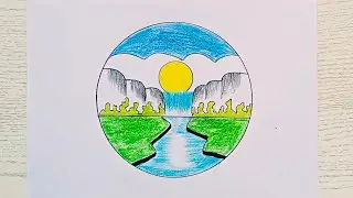 Mountain with waterfall river drawing | How to draw a landscape scenery | Circle drawing tutorial