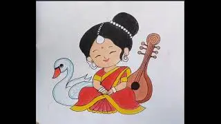 Easy Saraswati Puja Drawing for Kids | Goddess Saraswati Art #drawing #drawing4kids #art #shorts 