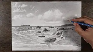 رسم الأمواج والصخور مع منظر طبيعي جميل باقلام الرصاص: شرح توضيحي