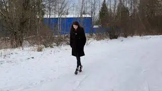Platform high heels sandals on ice, slippy high heels, high heels snow walk (scene 361)