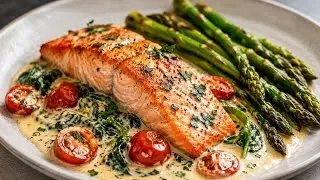 Zartester Lachs in Sahnesoße mit Spargel
