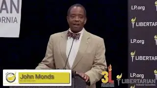 John Monds giving his pitch speech at the Libertarian Party of California Convention