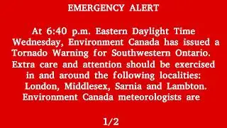 Environment Canada, Alert Ready - Tornado Warning , Across Southwestern Ontario
