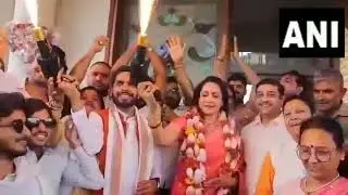 Uttar Pradesh: BJP MP and candidate from Mathura, Hema Malini celebrates her victory