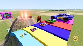 Big & Small McQueen & Police Cars vs Zombie Mack | Color Slide, Volcano & Train &ndash; BeamNG.drive