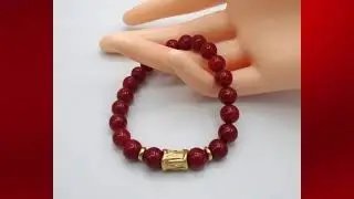 RED JADE Beaded Bracelet Red Jade Gold Stretch Bracelet