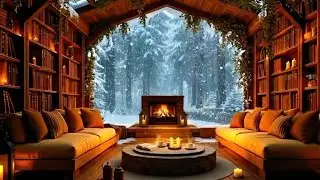 Winter Library Jazz for Reading Books ❄️ Cozy Fireplace Ambience, Soft Snow Mood & Deep Focus Music